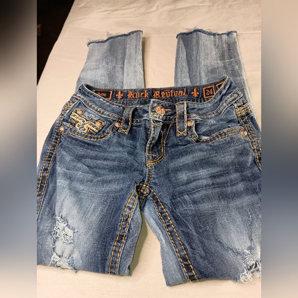 Rock Revival‎ Distressed Thrash Grunge Blue Designer Jeans (#259)